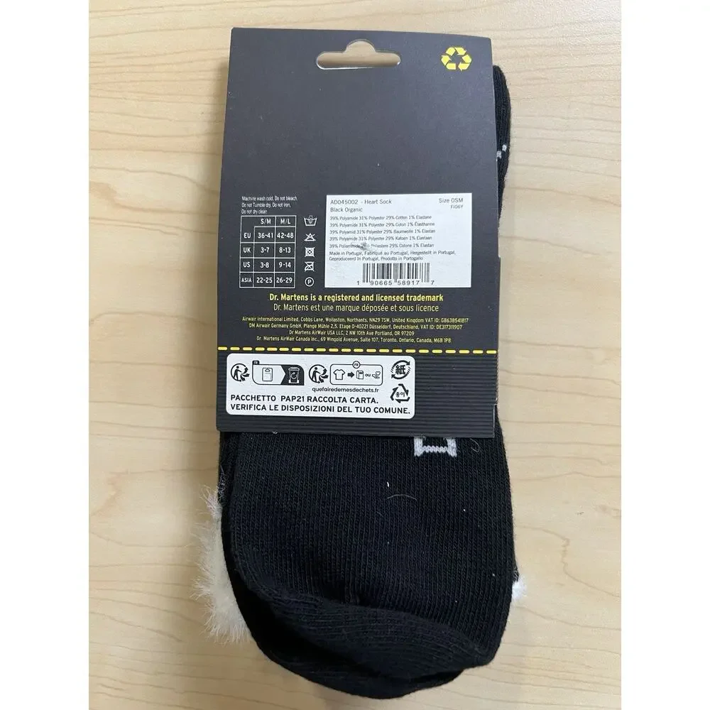 Dr Martens Women’s Size Small Medium HEART SOCK BLACK-WHITE COTTON BLEND New